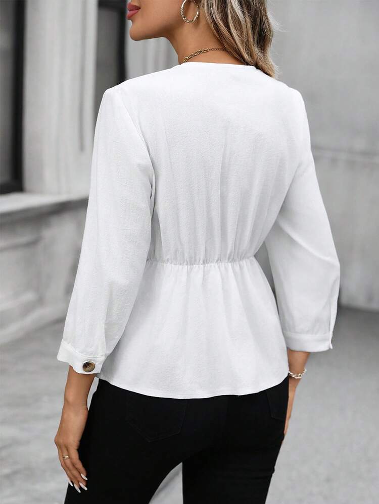 Women's Solid Color V-Neck Raglan Sleeve Cinched Waist Casual Pleated Shirt Peplum Tops For Women White Peplum Top Peplum Blouse Tops For Women Elegant Business Casual Tops Woman Casual Blouse For Women,White Shirt