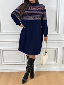 SHEIN Essnce Đầm dài tay dáng suông họa tiết hình học dành cho nữ cỡ lớn - Màu xanh hải quân - Xem 4