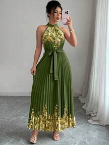 Elenzga Women's Summer Elegant Floral Loose-Fitting Halter Dress - Army Green - View 4