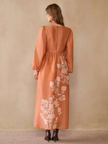 Florisole 女士印花灯笼袖优雅收腰连衣裙，适合度假和派对穿着 - 杏色 - 查看 2