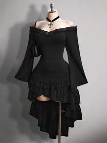 SHEIN ICON 大码女式V领蕾丝拼接喇叭袖T恤 - 黑色 - 查看 6