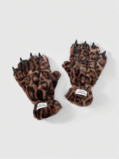 Goth 1 Pair Y2K Retro Furry Leopard Print Claw Gloves, Fashionable & Minimalist, Suitable For Performance, Party, Gathering, Autumn/Winter
