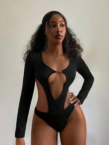 StreetHx 女士纯色镂空设计长袖性感连衣裙 - 黑色 - 查看 7