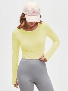 Eassivo Eassivo Women's Lime Green Long Sleeve Active Top,Crisscross Cut-Out Open Back Gym Top,Summer Athleisure Running Fitness Yoga Sports T-Shirt,Workout Shirt - Yellow - View 7