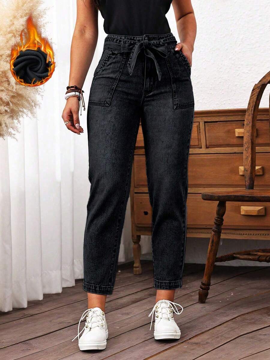 EMERY ROSE 女士系带前口袋休闲直筒牛仔裤（配腰带）