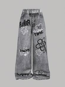 SHEIN Girlism 少女休闲街头风修身不对称下摆长袖上衣搭配宽松阔腿牛仔印花涂鸦图案裤子两件套，返校季，甜美酷炫女孩，时尚个性 - 白色 - 查看 7