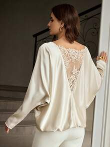 ZEYLAH Women's Contrast Lace Batwing Sleeve Loose Elegant Blouse - Champagne - View 6