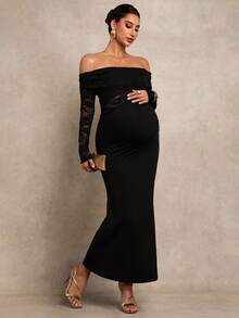 MaterniChic Maternity Clothes Maternity  Dress Summer Pregnant Clothes Black Maternity Dress With High Elasticity Lace, Elegant Party Look Maternity Contrast Lace Off-Shoulder Long Sleeve Fitted Elegant Dress Elegant Dresses For Party - Black - View 1