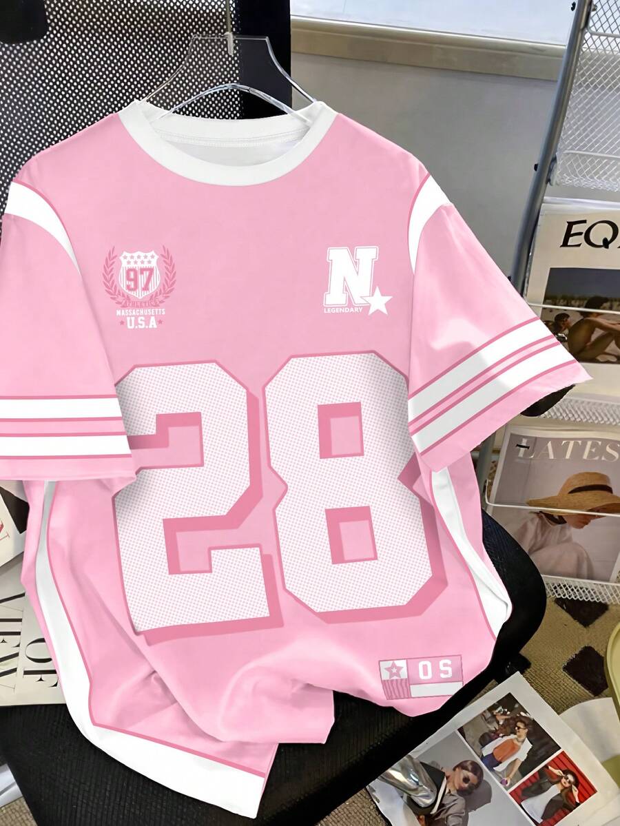 INAWLY Áo thun thể thao chấm bi retro phong cách đường phố giản dị, họa tiết kết hợp kỹ thuật số, kiểu dáng đại học dành cho nữ cỡ lớn - trắng - Xem 1