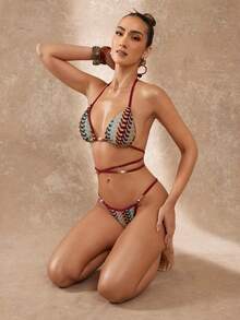Lumalex Women's Burgundy Luxury Hand-Woven Textured Triangle Bikini Set,Adjustable Halter Neck,Wrap-Around Waist Tie,High-Cut Brazilian,Boho Summer Holiday - Multicolor - View 8
