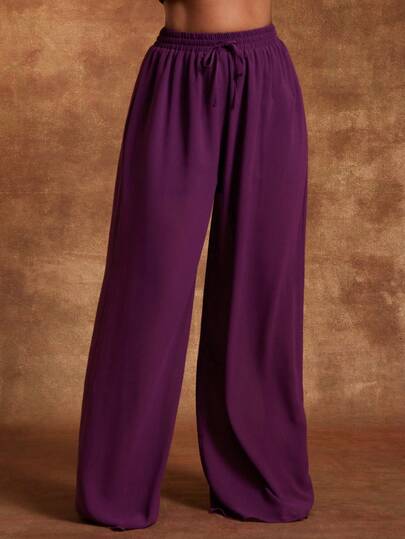 Vixey Plommonfärgade chiffongbyxor med dragsko i midjan och vida ben med halvfoder