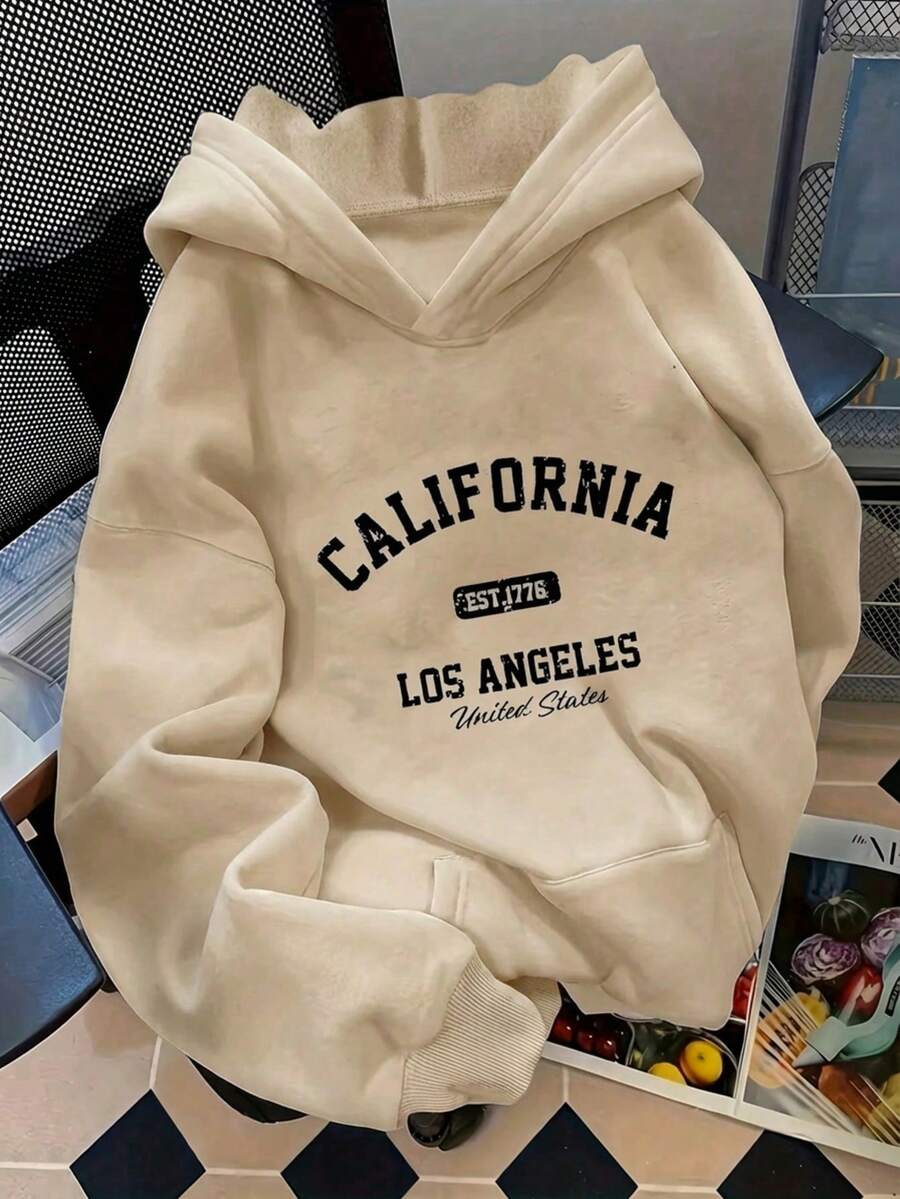 Sudadera hoodie básica mujer dama bolsillo canguro gorro capucha estampado GRAFICO DE CIUDAD CALIFORNIA LOS ANGELES CITY GRAPHIC caliente frío uso diario | buena calidad | Textura Suave Fortiz - Caqui - Ver 1