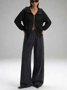 SHEIN EZwear Women's Casual Black Front Zipper Long Sleeve Hooded Sweatshirt With Pockets Graduation,Back To School Outfits,Graduation,Teacher Outfits For Women,Back To School In Fall/Winter - Black - View 3