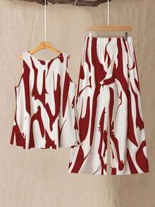 SHEIN Tall Elegant Commuting & Vacation Floral Fabric Round Neck Sleeveless Top And Elastic Waist Long Pants 2 Pieces Set, Orange, Plus Size Tall - Red - View 2