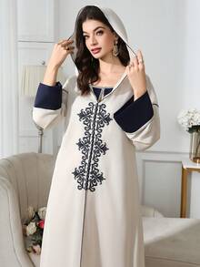 Al Najma 女士花卉刺绣落肩长袖休闲连帽长袍连衣裙 - 杏色 - 查看 5