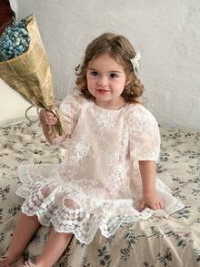 LMoss Kids 女婴圆领泡泡袖花卉刺绣网纱可爱连衣裙 - 白色 - 查看 8