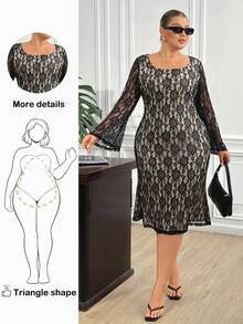 Truni Fall Clothes For Women,WinterPlus Size Round Neck Raglan Flare Sleeve Fitted Lace Dress/Autumn /Winter - Black - View 1