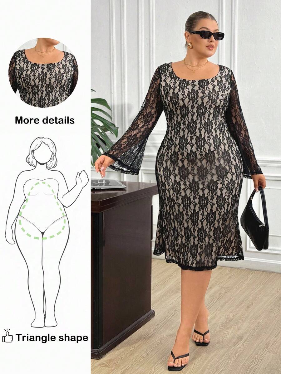 Truni Fall Clothes For Women,WinterPlus Size Round Neck Raglan Flare Sleeve Fitted Lace Dress/Autumn /Winter - Black - View 1