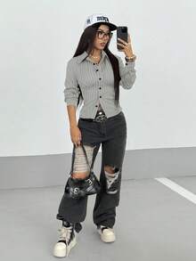 StreetHx 女士复古修身条纹衬衫 - 淺灰色 - 查看 6