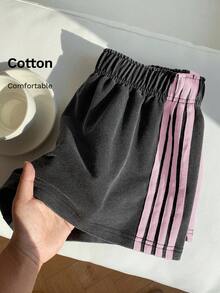 Comfortcana 女式撞色针织休闲阔腿短裤 - 黑色 - 查看 6