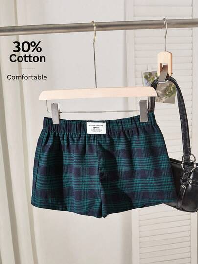 Comfortcana 女士夏季休闲格子松紧腰短裤