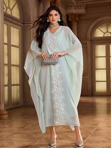 Al Najma 女士花卉刺绣V领蝙蝠袖优雅阿拉伯连衣裙 - 薄荷綠 - 查看 5