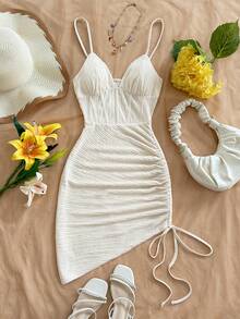 Soleia Vestido mini de mujer con escote en V de punto rojo, cintura fruncida con efecto de raspa de pescado y bajo asimétrico, para vacaciones - Albaricoque - Ver 6