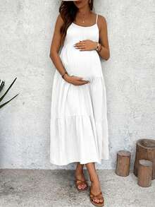 Maternity Solid Color Bowknot Decor Cami Dress - White - View 2