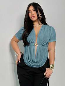 Firerie Plus Size Elegant Casual Sexy Draped Neck Sleeveless Top With Metal Buckle Decor And Side Slit, Suitable For Spring/Summer Beach, Going Out Tops - Baby Blue - View 7