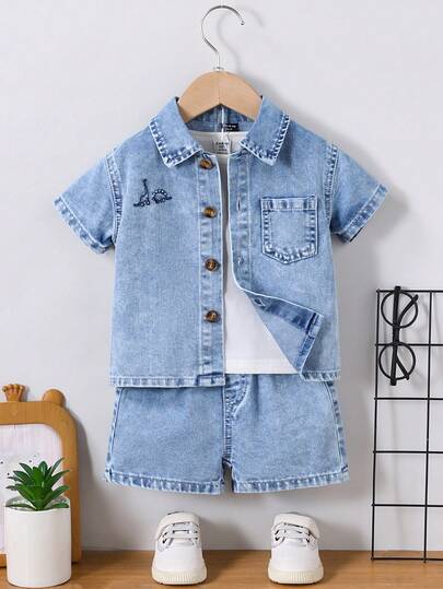 Conjunto de mezclilla para bebé niño, nueva llegada de verano, color mezclilla azul claro, estilo casual, diseño bordado de dinosaurio, mezclilla de algodón cómoda, adecuado para salidas diarias, reuniones familiares, lanzamiento de nuevo producto