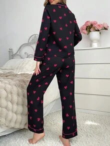 Contrast Trim Collared Button Down Ruffled Heart Sleepwear Pajama Set, Fall Winter Clothes