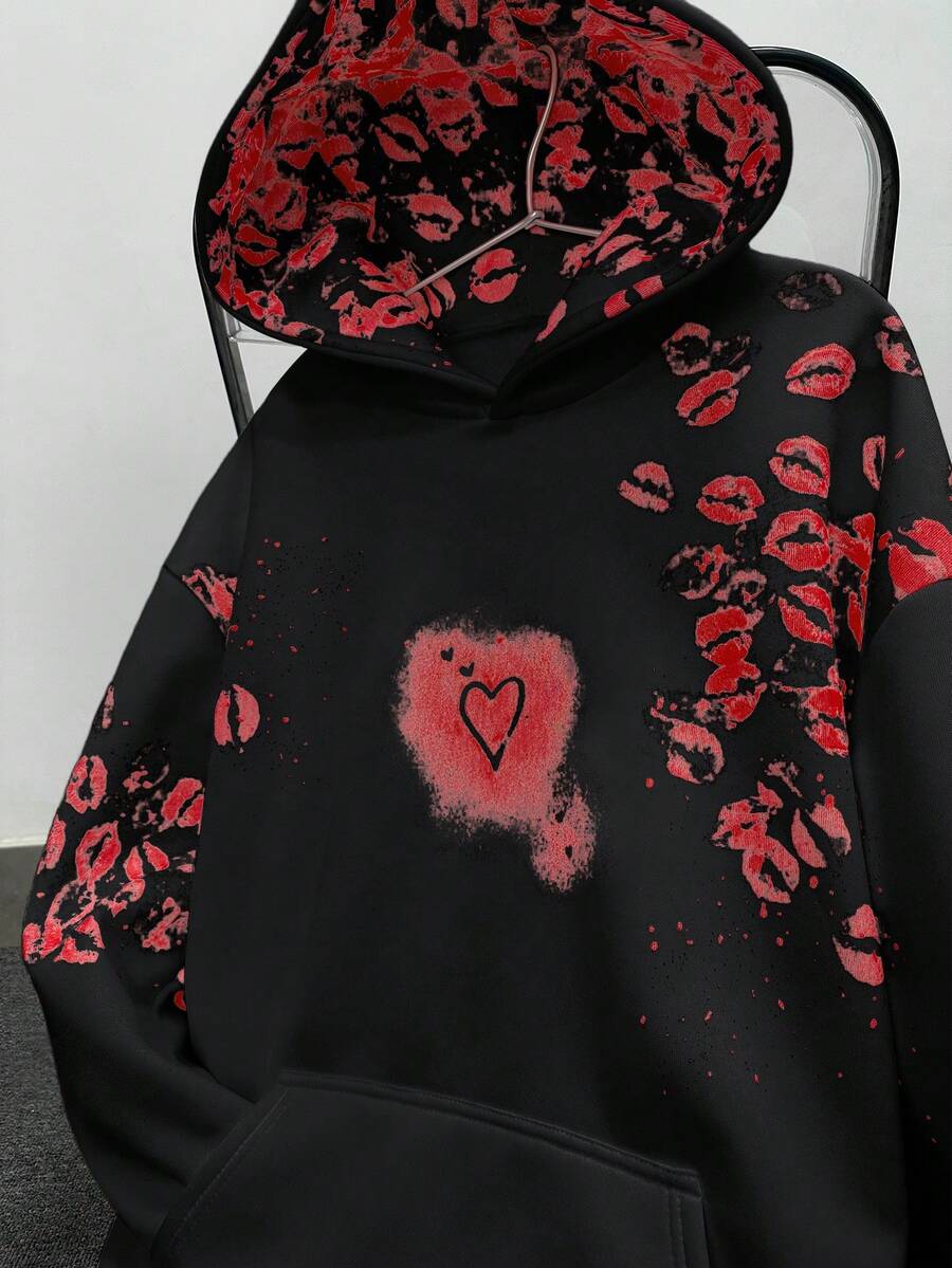 STEELVANCE 男士INS风高端小众心形印花连帽衫，适合情人节、个性化英文户外音乐节、夜店、男友/老公礼物、周年纪念礼物，白色 - 黑色 - 查看 1