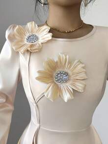 Modelyn Apricot 3D Floral Jacquard Top + Glossy Fabric Skirt 2 Pieces Set - Apricot - View 3