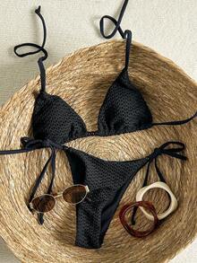 Swim Mod Women's Textured Beaded Halter Bikini Set, Spring/Summer - Black - View 1