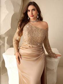 Coutiva Plus Size Elegant Gold Spring Prom Dress,Long Sleeves Asymmetrical Collar Embroidered Pearl Rhinestones Satin Mermaid Skirt Side Drape Event Gown - Champagne - View 8