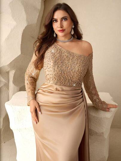 Coutiva Plus Size Elegant Long Sleeves Asymmetrical Collar Embroidered Pearl Rhinestones Satin Hem Mermaid Skirt With Side Drape Design Suitable For Formal Dinner Dresses, Wedding Guest Dresses, Graduation Ceremony