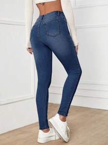 SHEIN ICON 大码女式修身高腰个性化时尚七分牛仔裤 - 深色水洗藍 - 查看 2