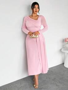 Firerie Đầm nữ cỡ lớn dáng suông, vạt bất đối xứng, xếp ly vai, kiểu dáng thanh lịch, tay dài, ôm xòe, phù hợp cho mùa xuân, hè, thu và đông. - Hồng - Xem 8