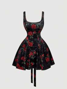 SHEIN MOD Rochie din catifea cu imprimeu floral, fără spate, cu papion - Multicolor - Vizualizare 2