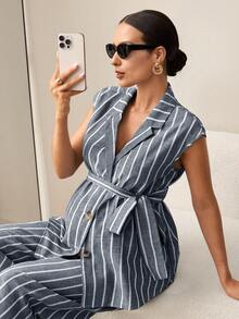 MaterniWear Maternity Wear, Maternity Dresses, Elegant Commuting/Office Attire, Summer Dark Gray Striped Collared Single-Breasted Shirt And Wide-Leg Trousers Casual Set, Adjustable Elastic Waistband, Pure Cotton Maternity Wear, Two-Piece Set, Casual Two-Piece Set, Women's Summer Two-Piece Set. - Grey - View 4