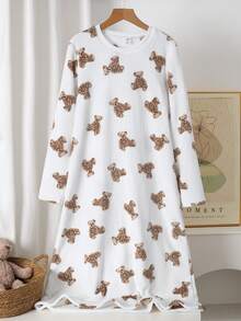 少女款Cookie Bear双面法兰绒印花圆领长袖加厚绒面面料柔软舒适家居服睡衣，秋冬款 - 彩色 - 查看 4