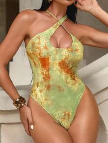 Swim SXY 女士不对称交叉镂空性感优雅度假简约圣诞连体泳衣，随机印花，春夏款 - 彩色 - 查看 3