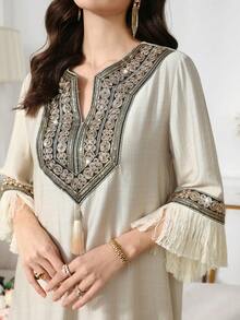 Yasmyna Women's Ribbon Trim V-Neck Fringe Flare Sleeve Arabic Style Dress Kaftan Jalabiya Dress - Khaki - View 1