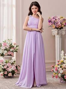 Pitira Teen Girl Purple Pearl Chiffon One-Shoulder Elegant Long Dress Purple Dress Elegant 15yr Old Lavender Dress Teen Light Purple Dress Bridesmaid Dress For Girls In Lavander - Purple - View 5