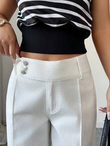 Elenzga 女士时尚高腰阔腿直筒牛仔裤 - 白色 - 查看 4