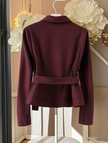 Franclia 大码女士优雅酒红色纯色系带金属扣装饰长袖西装外套 - 酒紅色 - 查看 2