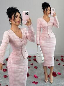 Elenzga Elegant Commuter Chic Elastic Tweed Silver Thread Texture Suit, Pearl Button Cardigan V-Neck T-Shirt Slim Fit + Elastic Waist A-Line Skirt, Women 2-Piece Set, Autumn/Winter - Multicolor - View 3