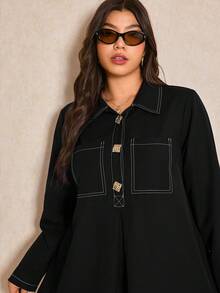 Elaquor 大码女式金属纽扣设计长袖休闲宽松连衣裙 - 黑色 - 查看 6