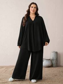 SHEIN Essnce Plus Size Casual Black Woven Fabric Pants Suit Set For Women Long Sleeve Tunic And Long Pants Co-Ord - Black - View 1