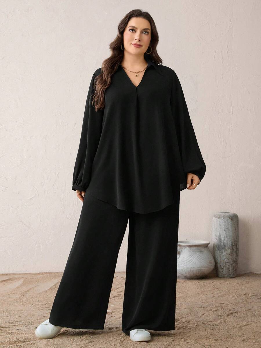 SHEIN Essnce Plus Size Casual Black Woven Fabric Pants Suit Set For Women Long Sleeve Tunic And Long Pants Co-Ord - Black - View 1
